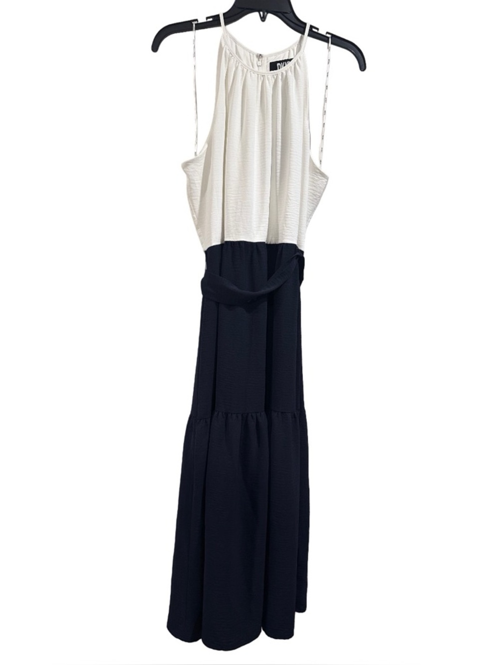 DKNY Women's Tiered Tie-Waist Halter-Neck Midi Dress Ivory/Spring Navy NWT 12 - Picture 4 of 16